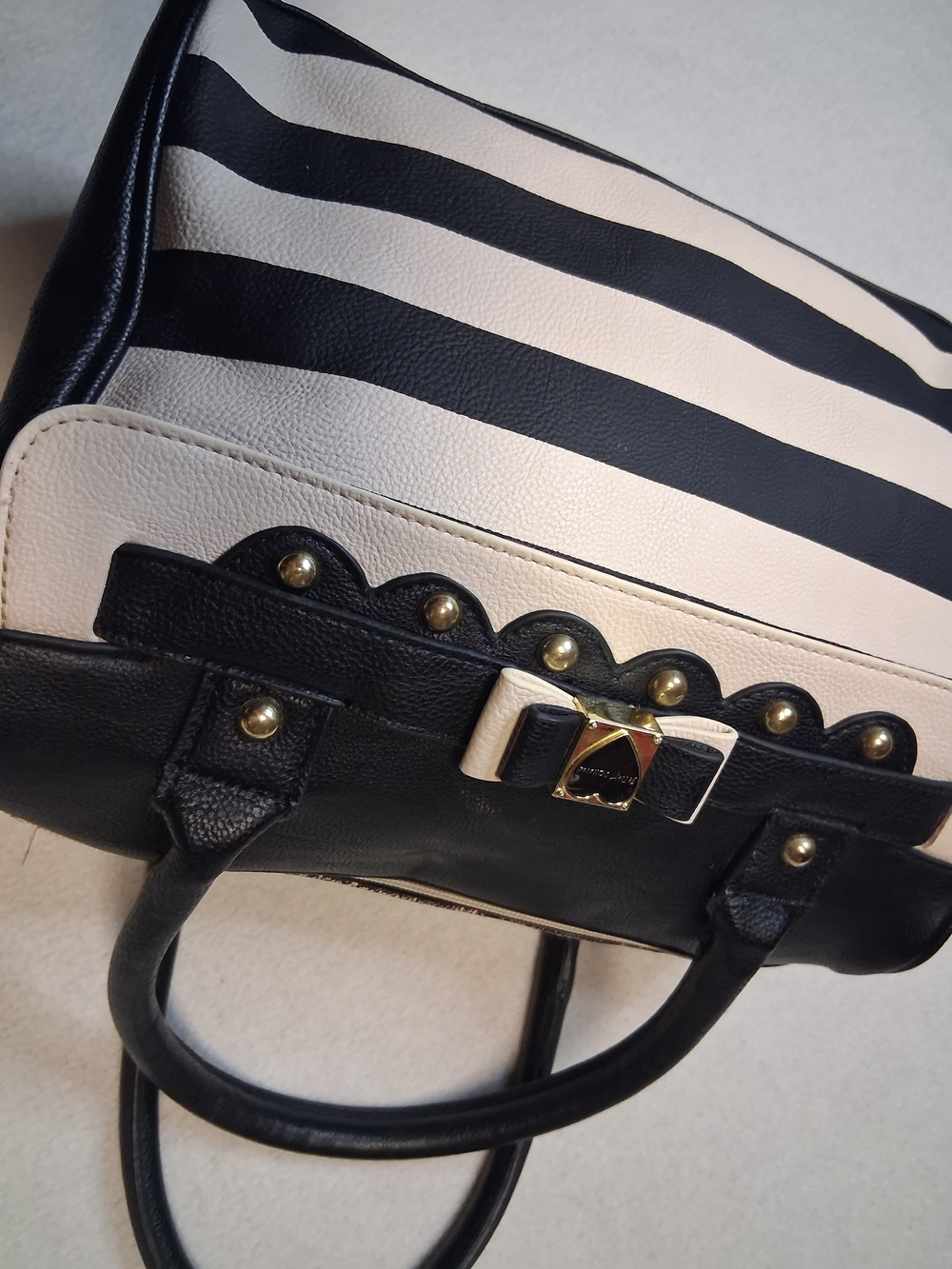 Betsey Johnson Black and Cream Striped Top-Handle Satchel with Bow Accent - Picture 8 of 13